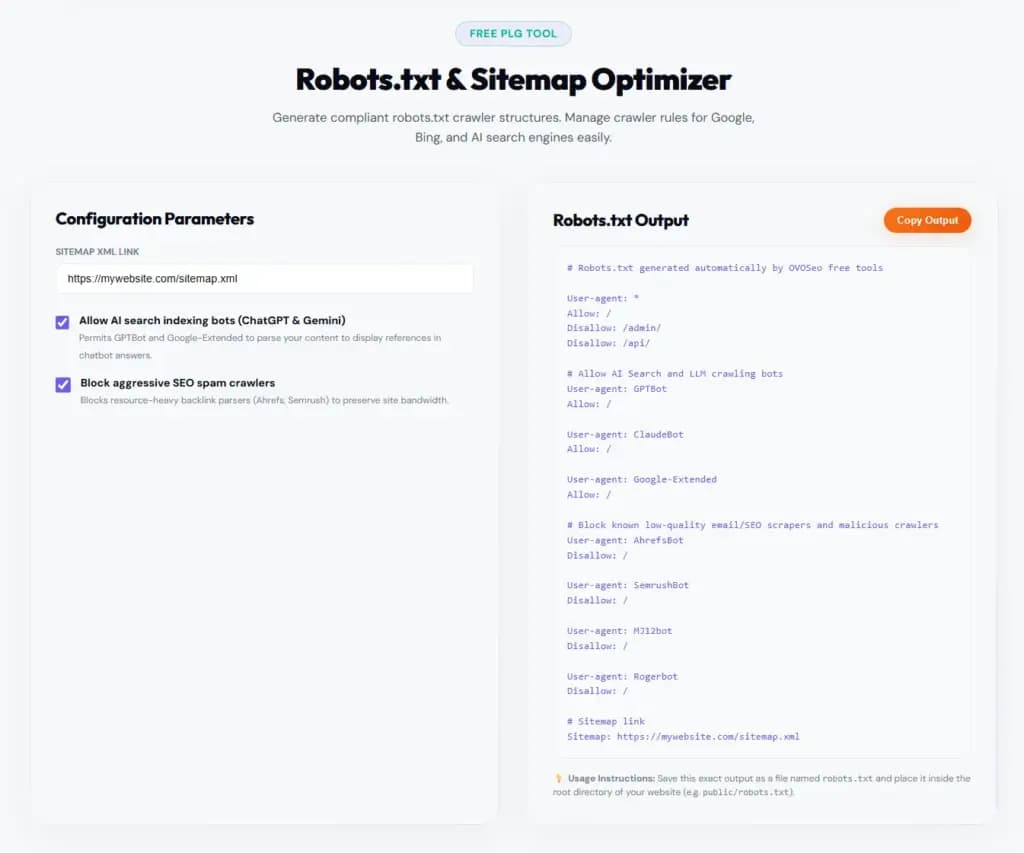 ovoseo screenshot for robots.txt
